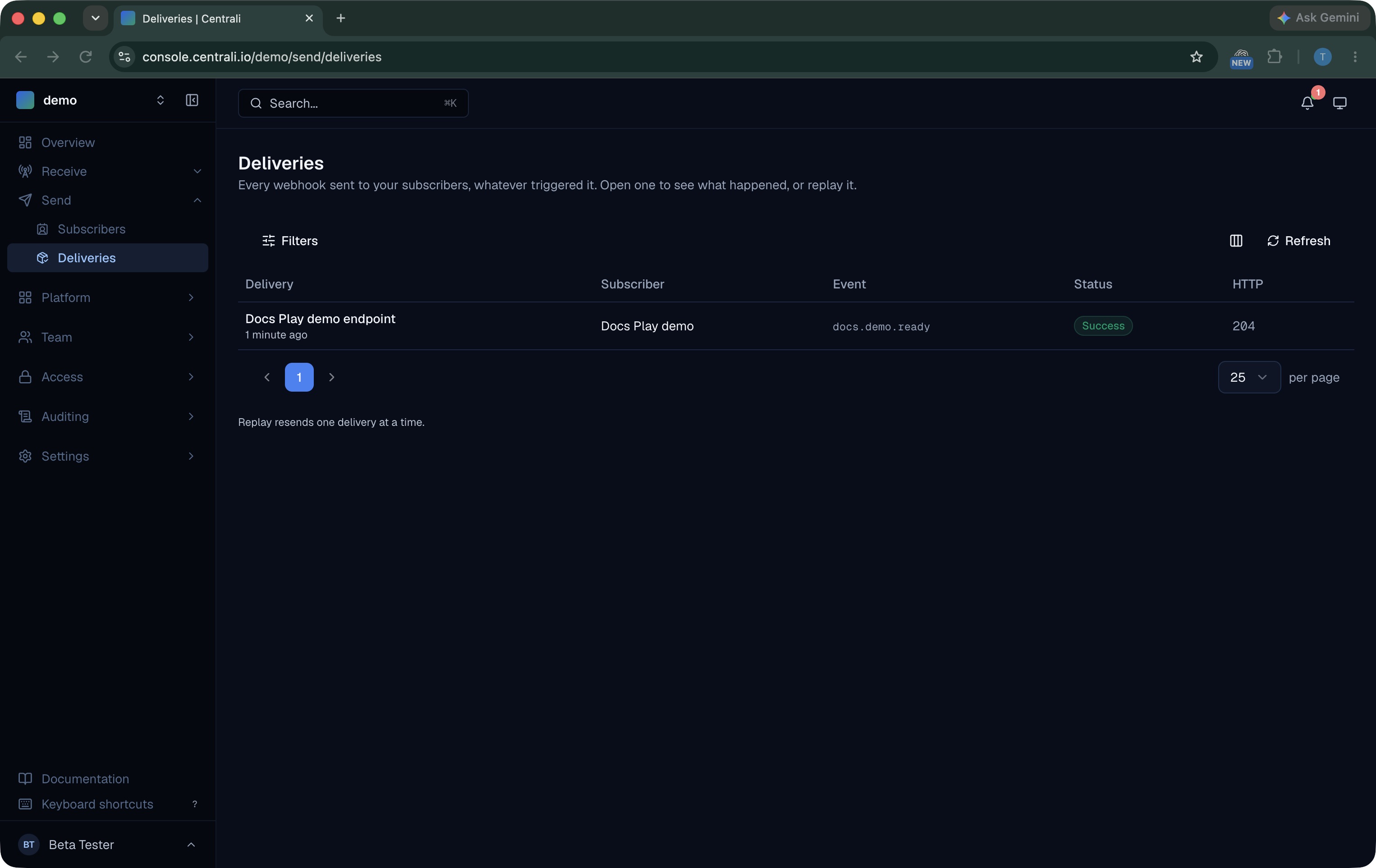 Centrali Send delivery history showing the sample event with Success and HTTP 204