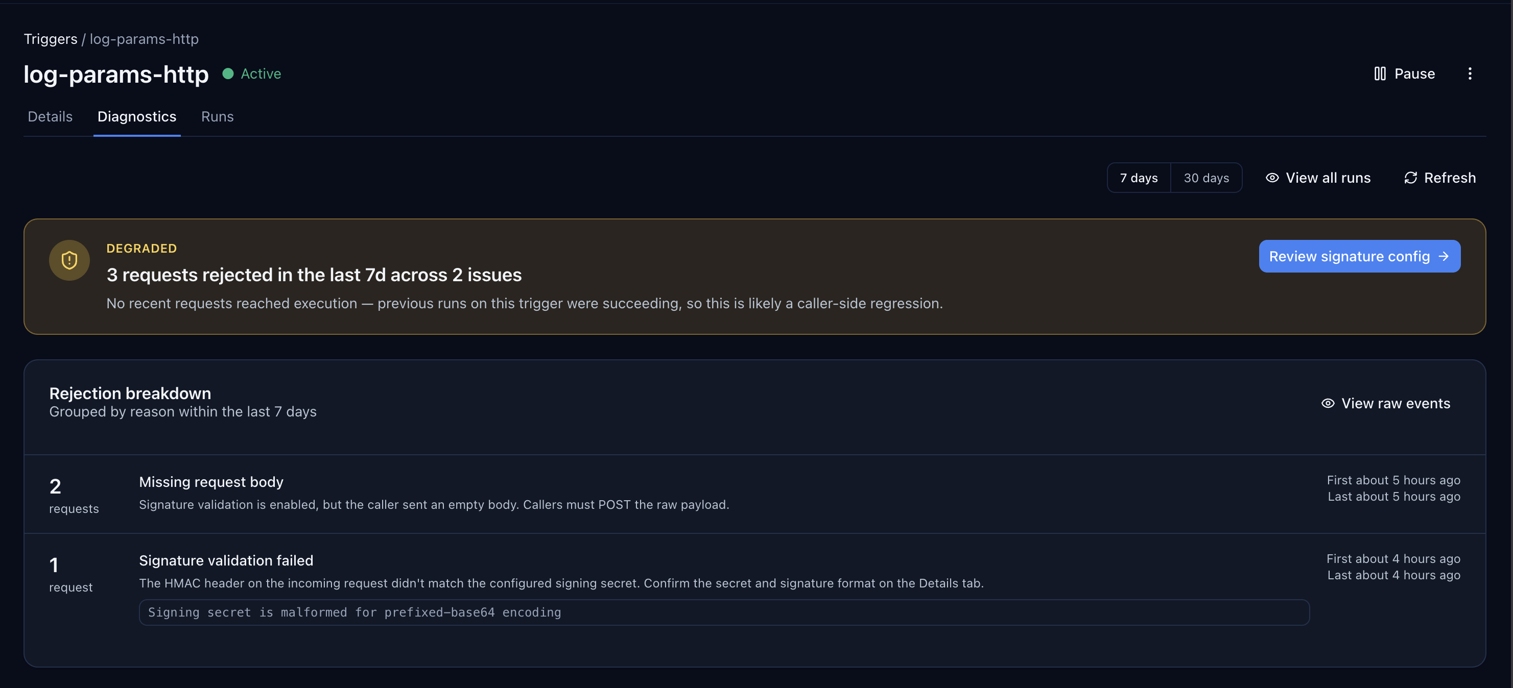 Diagnostics tab showing a degraded trigger with a signature validation rejection and a matching rejection breakdown